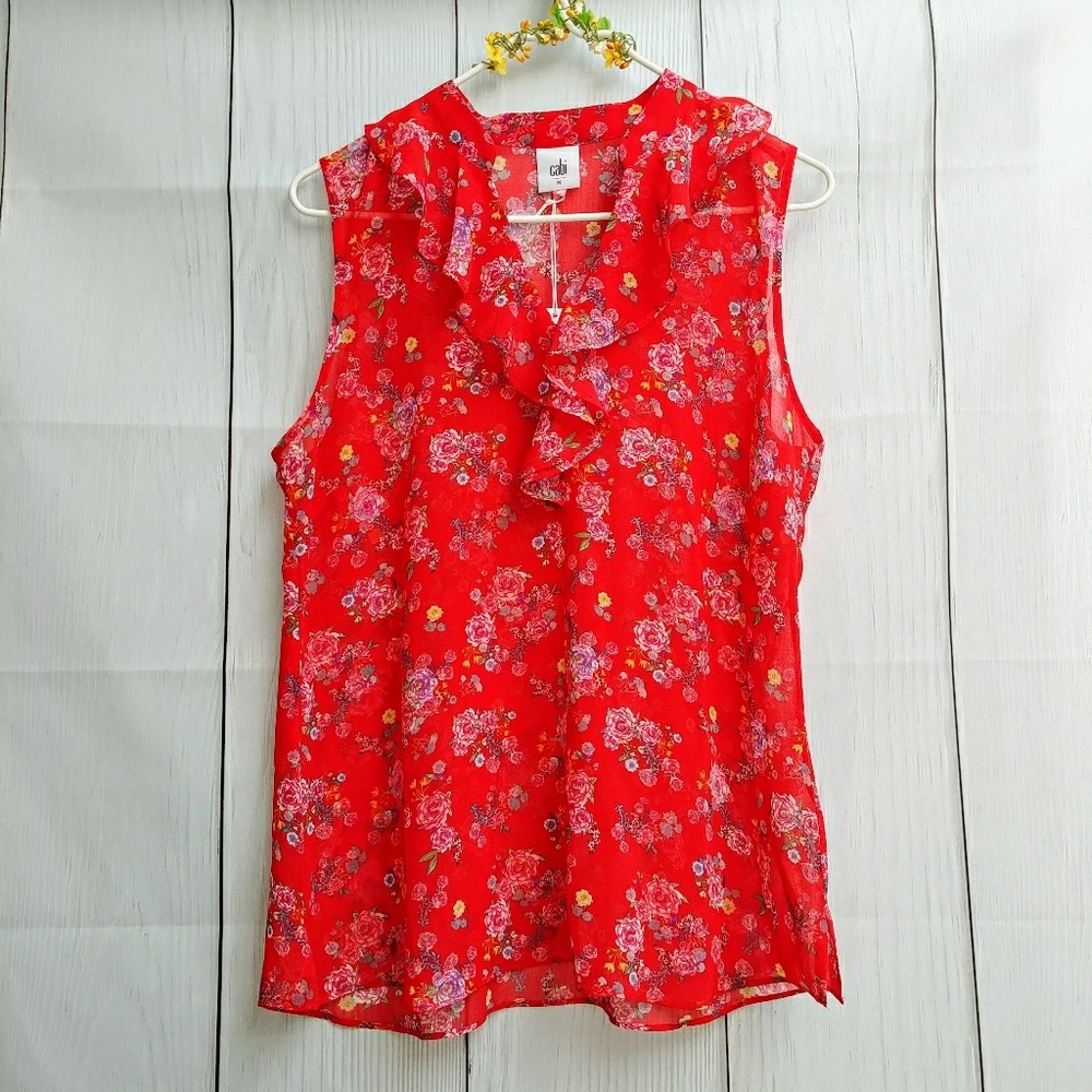 CAbi Crush Red Floral Sleeveless Semi Sheer Blouse